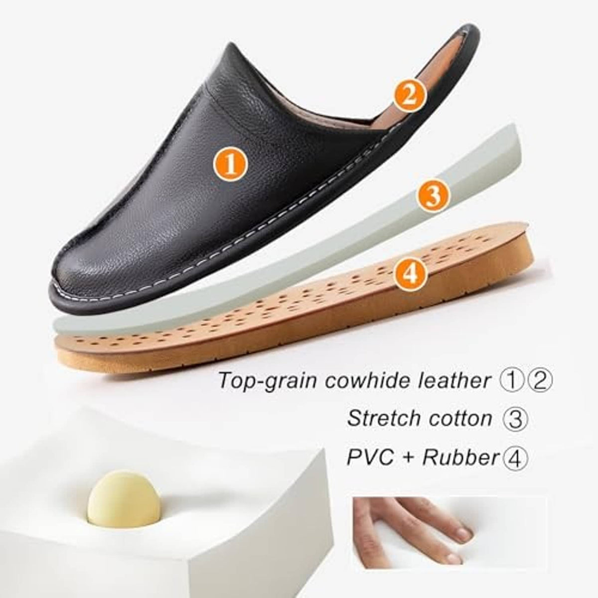 Dark brown leather slip-on slipper with visible outsole layers and stitched side seam