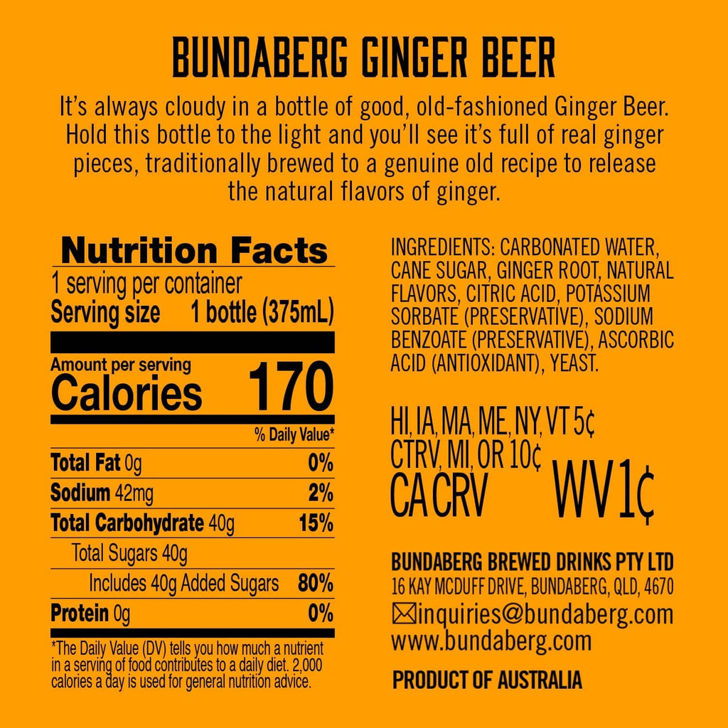 Bundaberg Ginger Beer nutrition facts and ingredients panel for one serving
