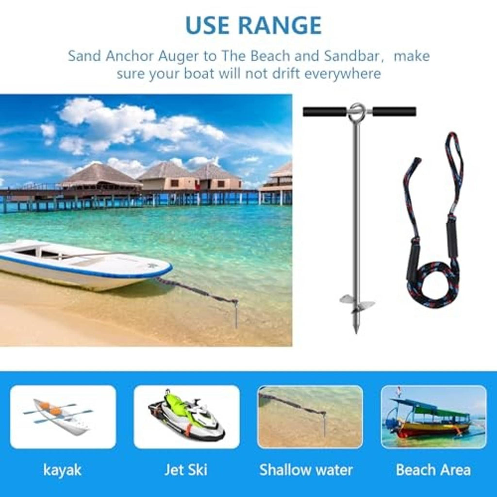 Stainless steel sand anchor with screw tip and braided rope loop for beach docking