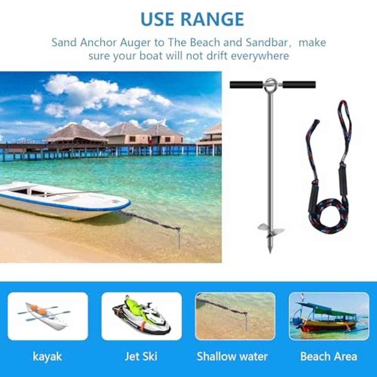 Stainless steel sand anchor with screw tip and braided rope loop for beach docking