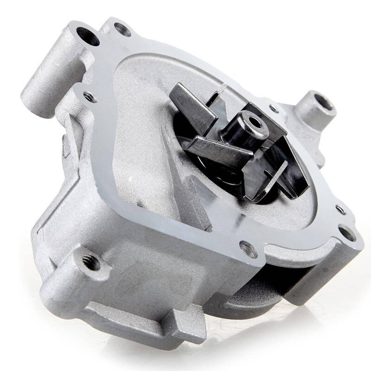 Water pump assembly with silver aluminum housing and black impeller insert