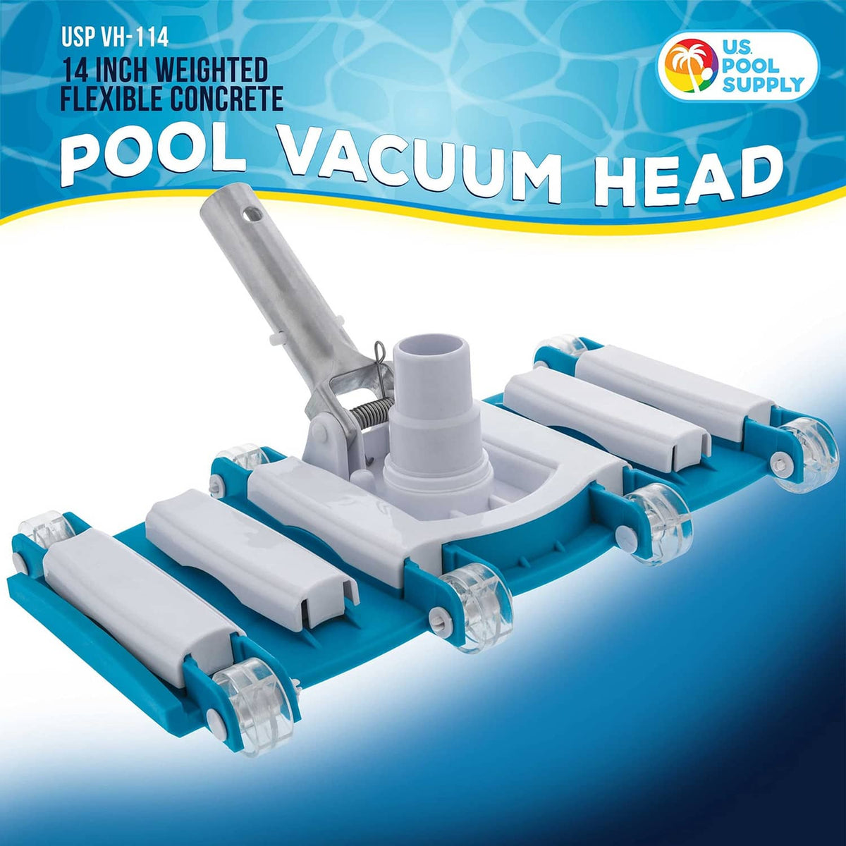 14-inch pool vacuum head with white scrubbers and teal frame