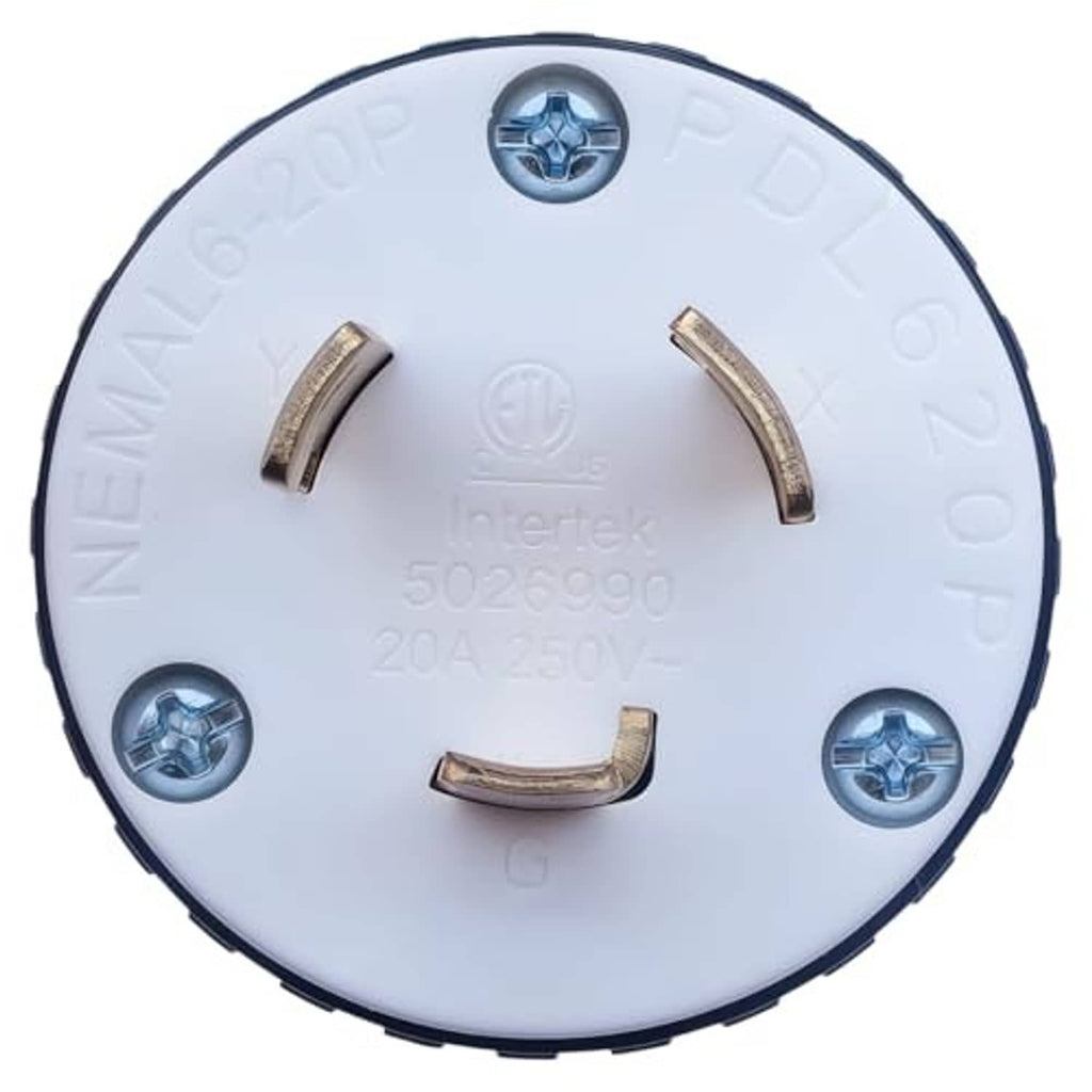 NEMA locking plug face with three curved gold blade contacts and screw holes