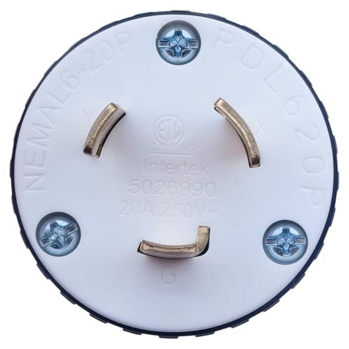 NEMA locking plug face with three curved gold blade contacts and screw holes
