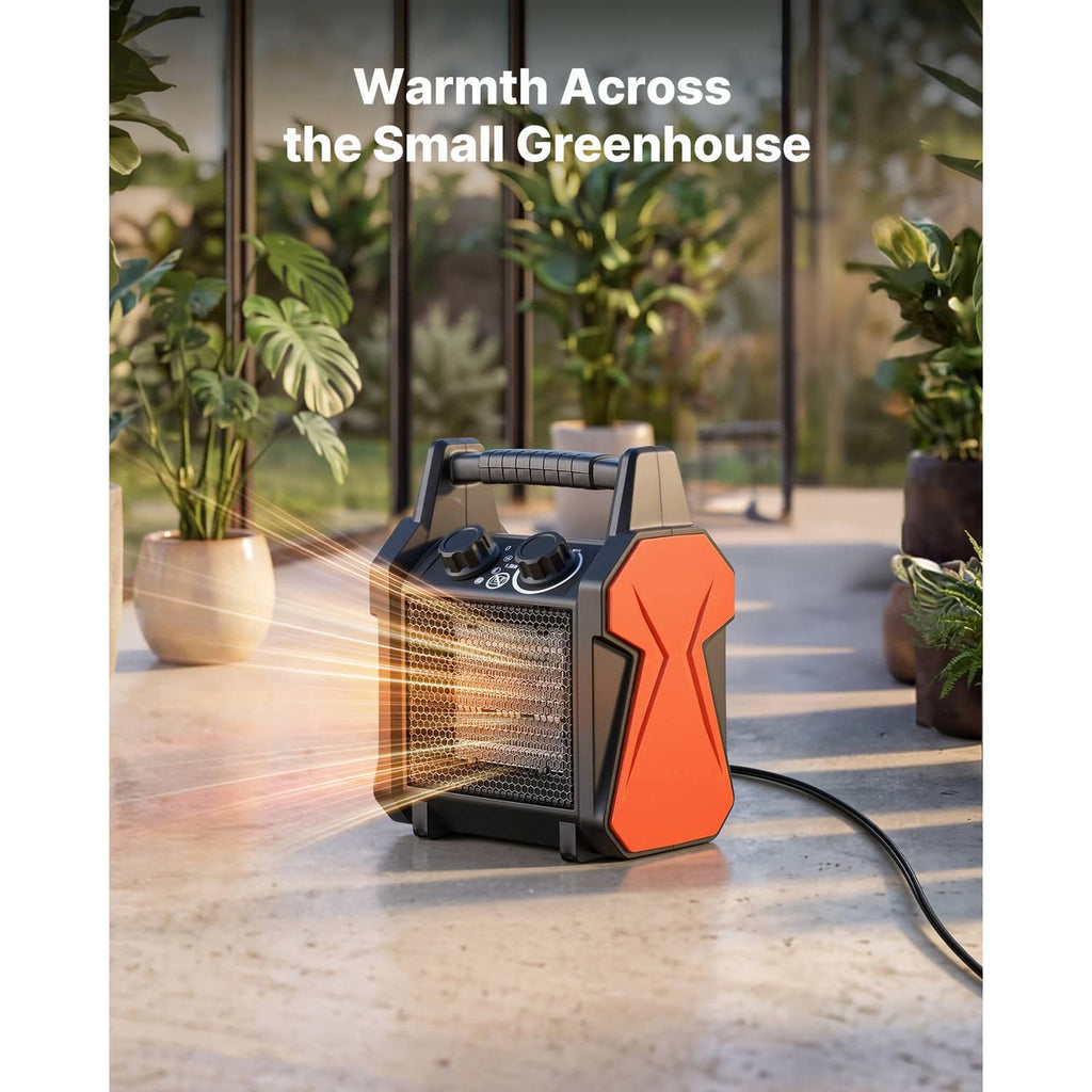 Portable electric greenhouse heater standing on floor with orange accent and front heat grille