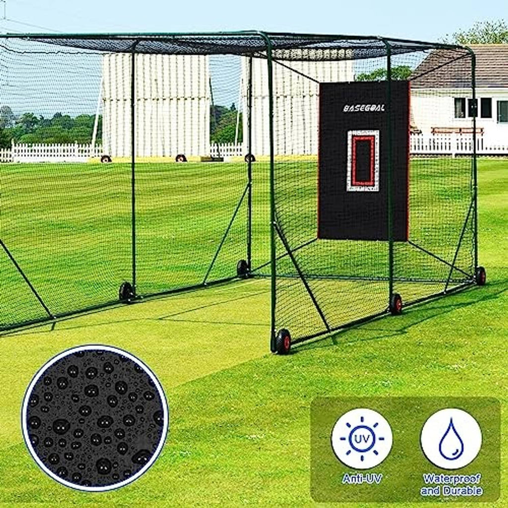 Baseball backstop net with caster wheels and black vinyl strike-zone panel