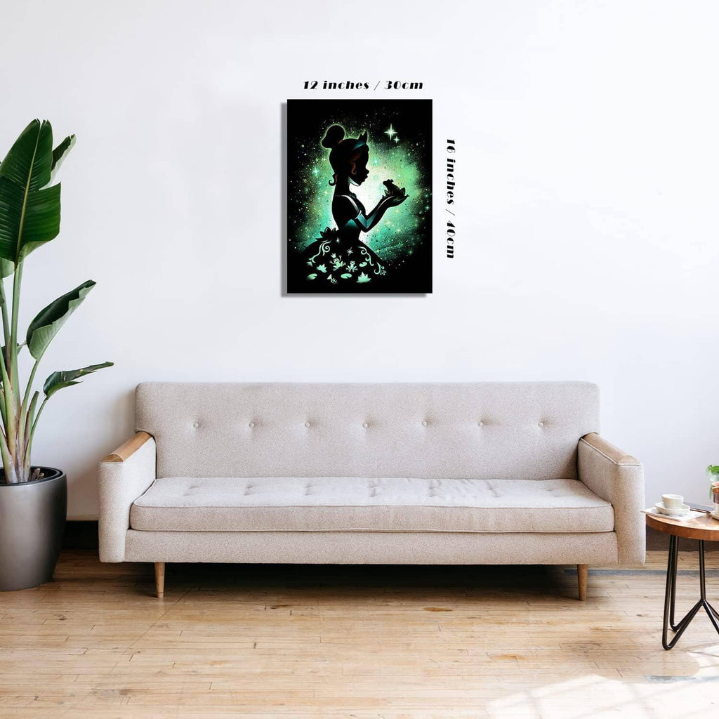 5D diamond painting canvas kit with black-and-green fantasy silhouette, displayed in a frame