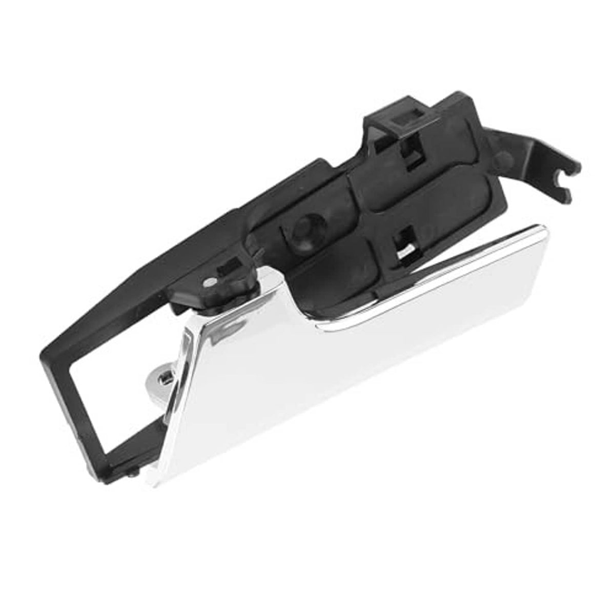Interior door handle with chrome lever and black housing, angled close-up