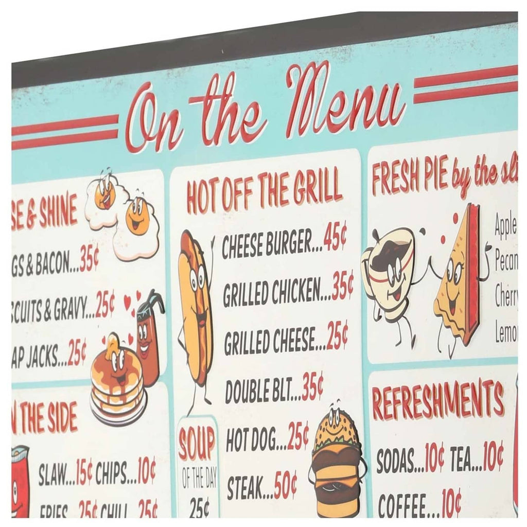 Close-up of front diner menu metal sign with “On the Menu” text and icons