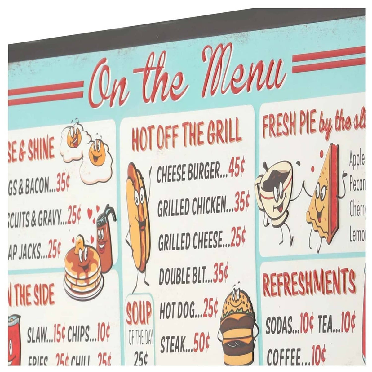 Close-up of front diner menu metal sign with “On the Menu” text and icons
