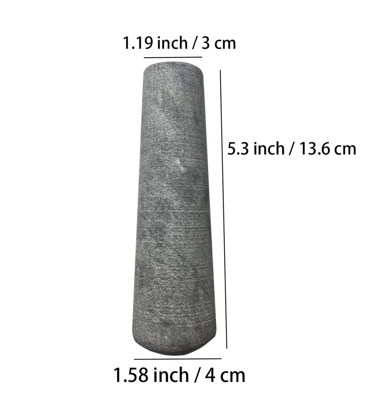 Gray pestle replacement, with size measurements shown (inches and cm)