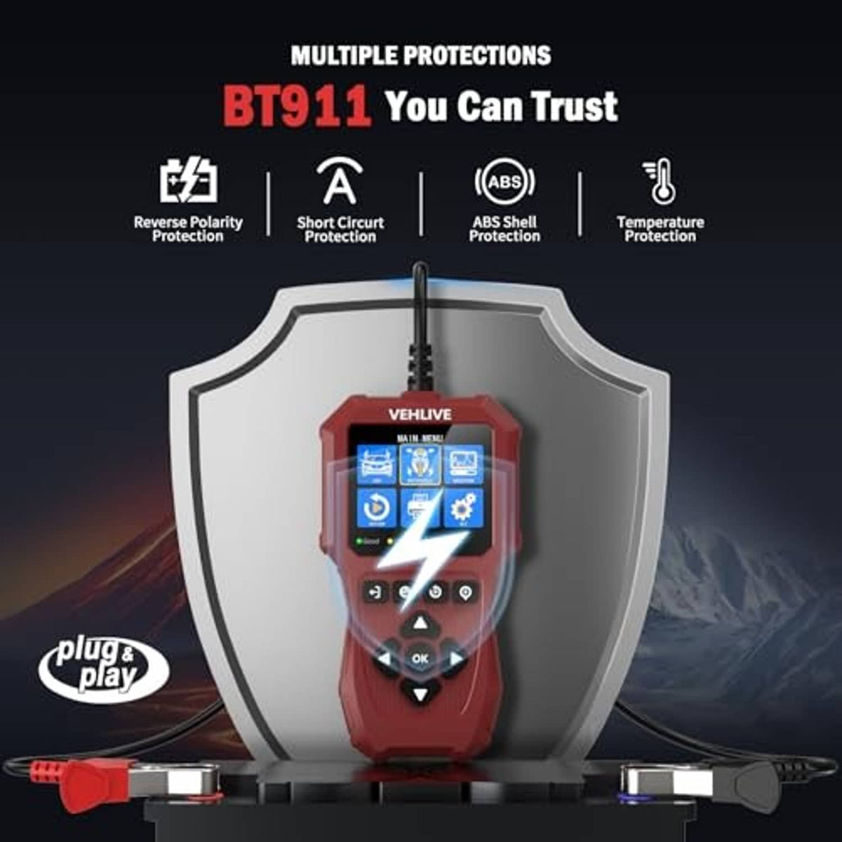 Red car battery tester on shield base with connected cable ends and protection icons