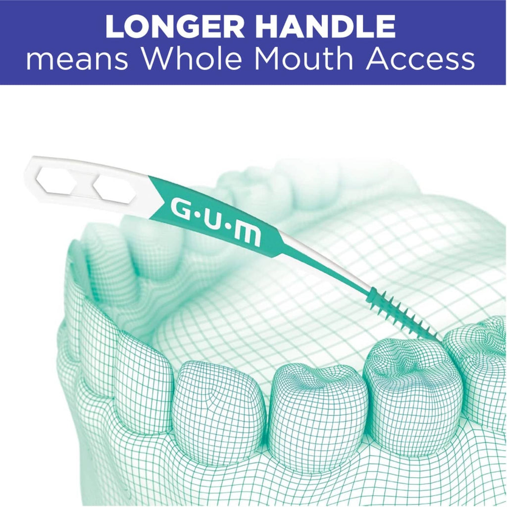 Dental pick reaching back teeth on a model, showing long handle access