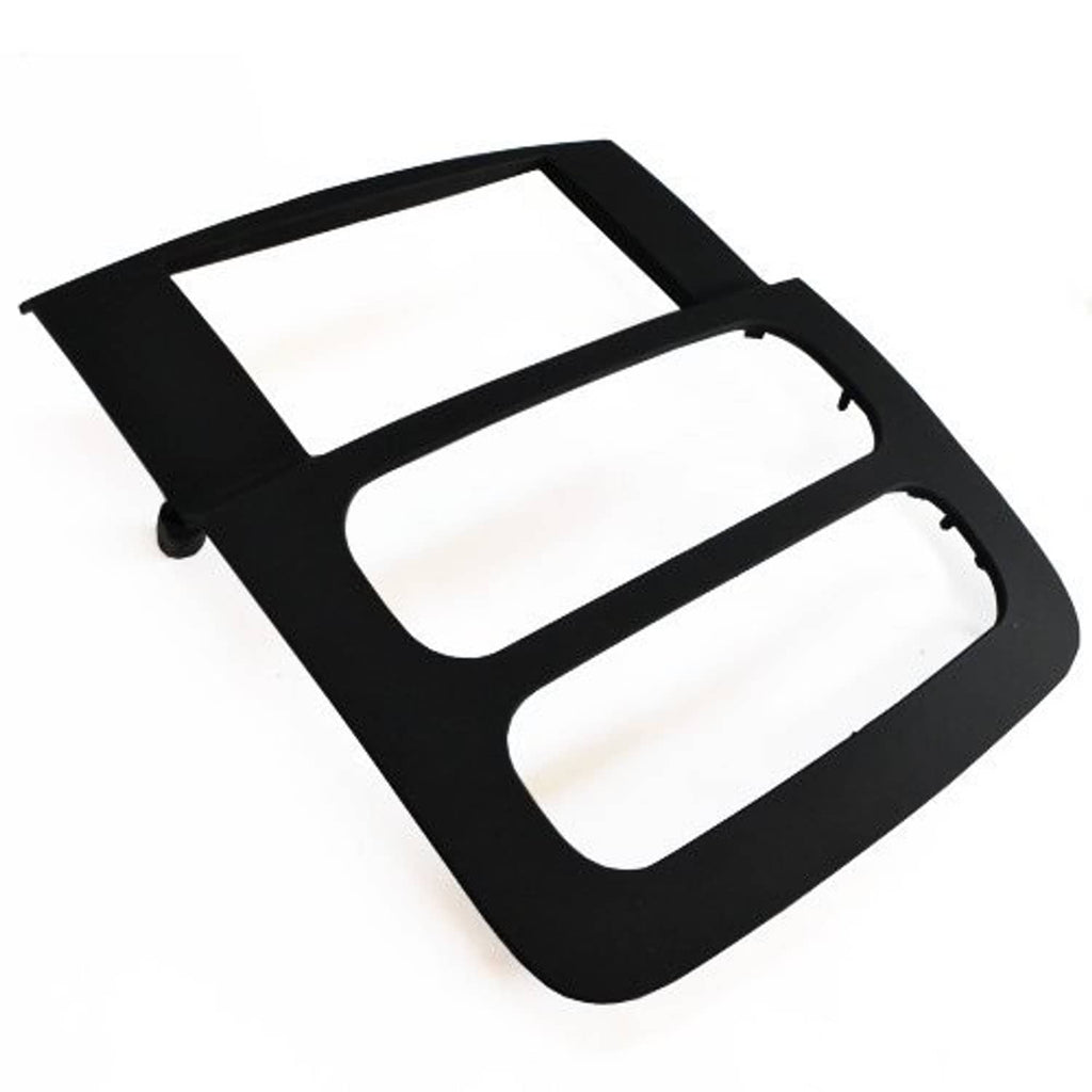 Matte black double-DIN dash bezel frame with three cutouts, angled view