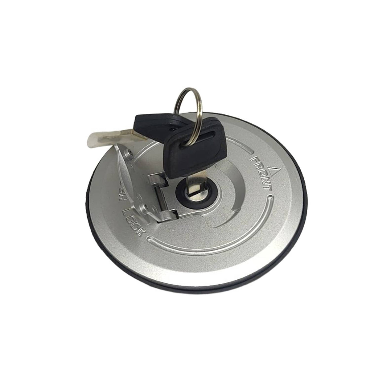 Fuel tank cap top view with key inserted and black key cover