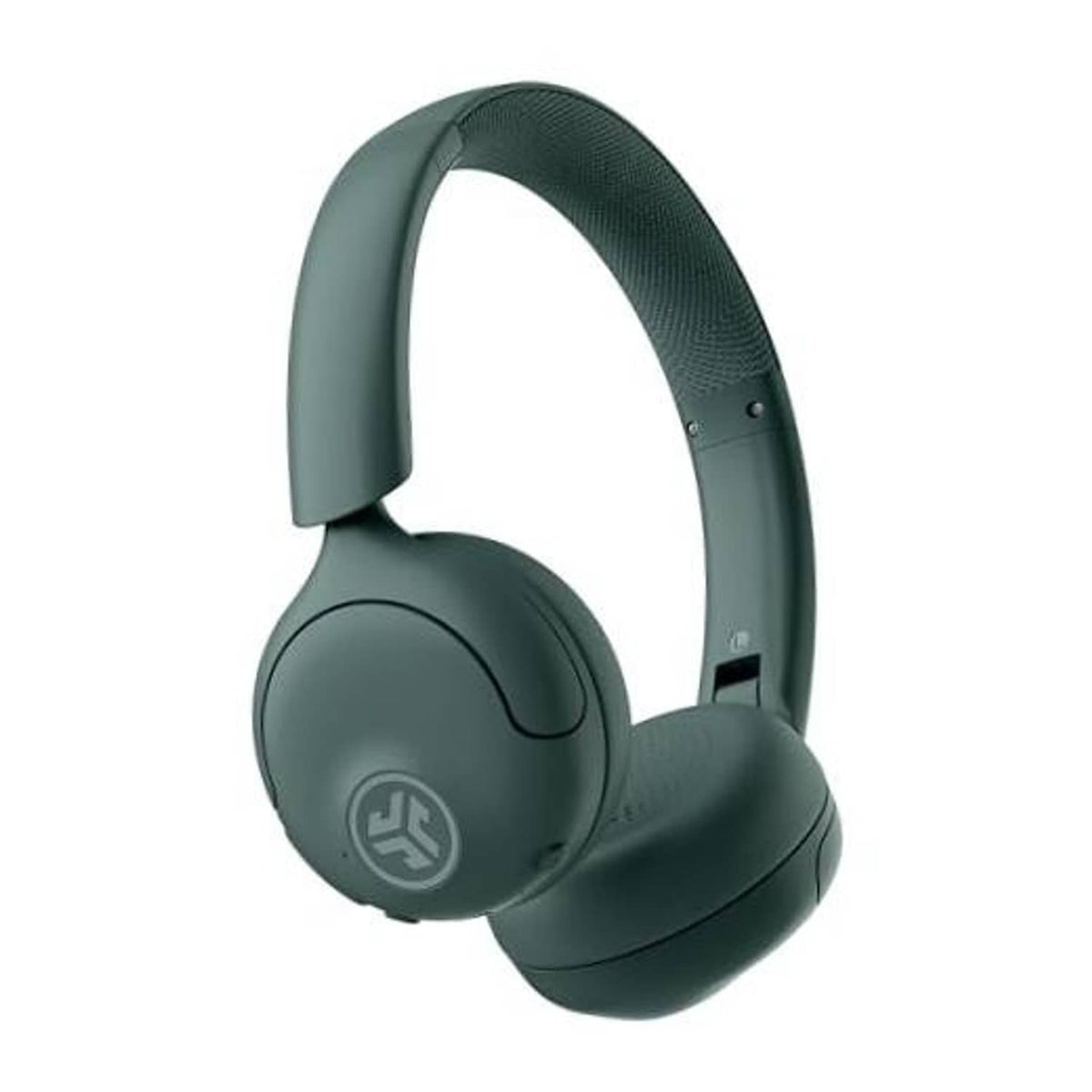 Sage green on-ear wireless headphones with padded headband and earcups