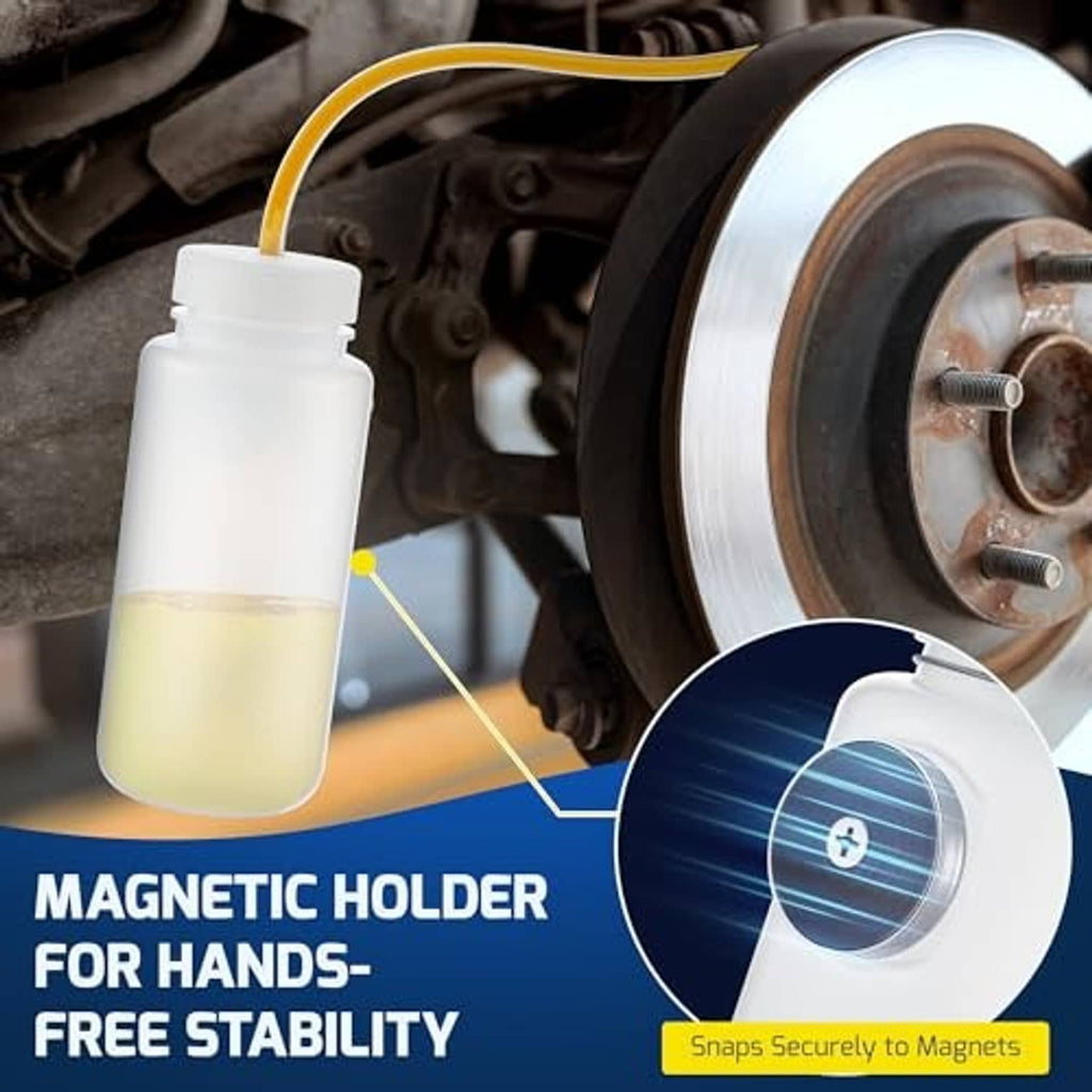 Brake bleeder bottle kit with white reservoir and yellow hose to brake line