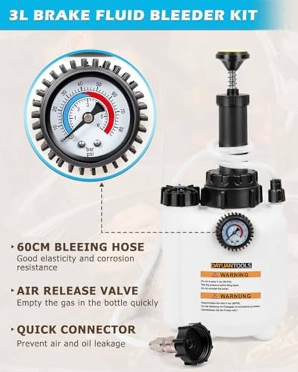 Brake fluid bleeder kit features pressure gauge, air release valve, connectors, hose