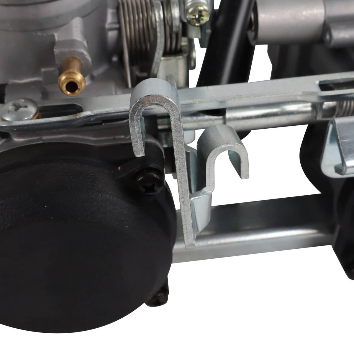 Motorcycle carburetor side bracket with fuel fitting and black air intake cover