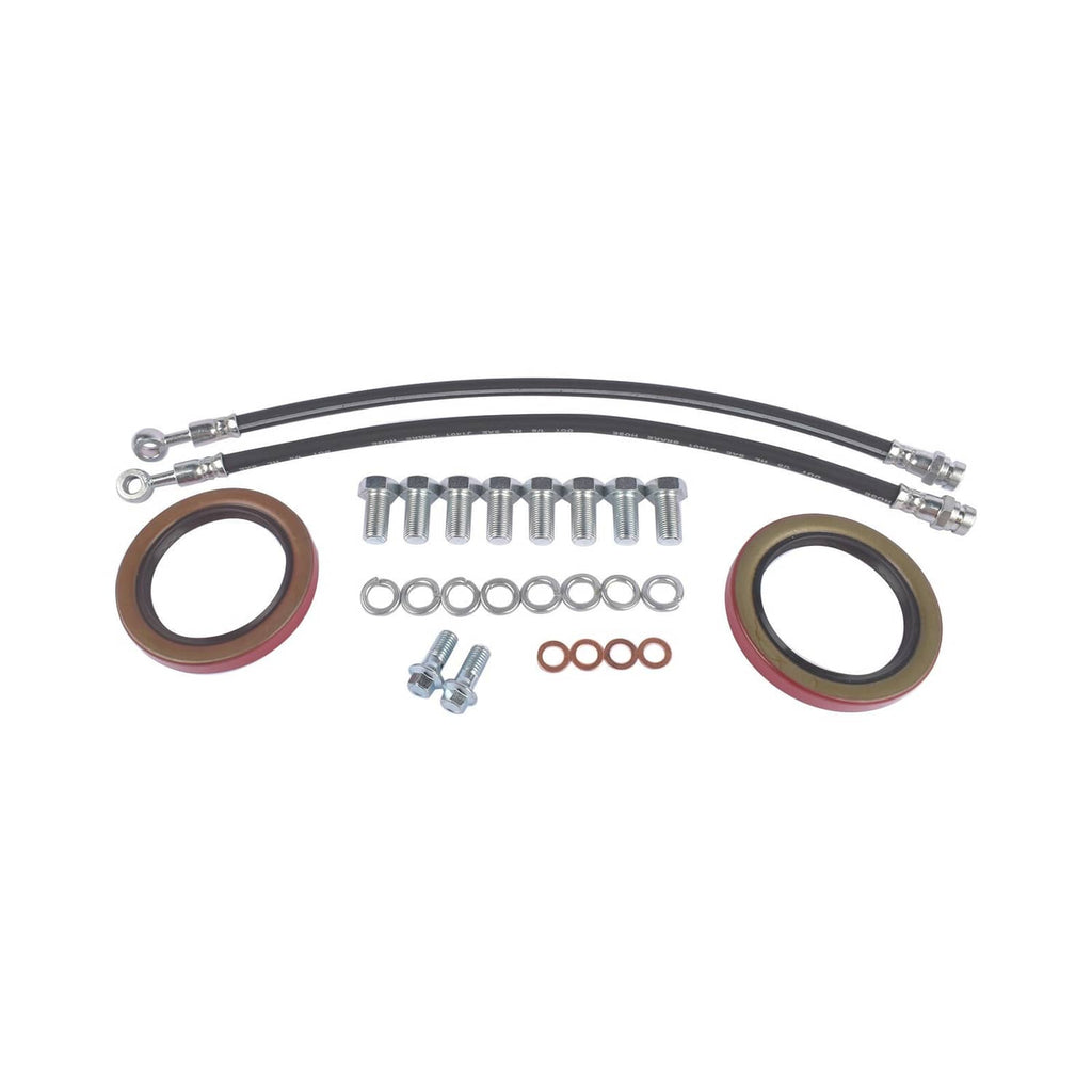 Braided brake line kit with fittings, fasteners, and two seal rings