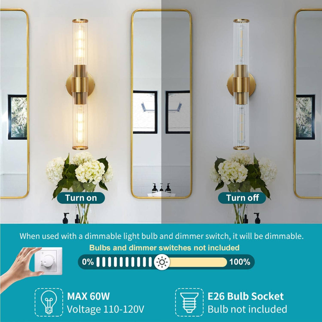 Gold vanity wall lights 2-pack with clear glass tubes for mirror mounting, cylindrical shade.