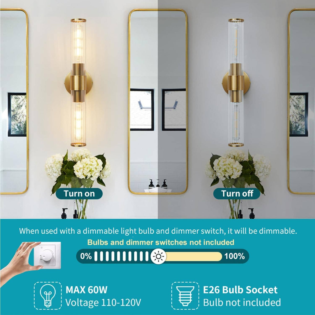 Gold vanity wall lights 2-pack with clear glass tubes for mirror mounting, cylindrical shade.