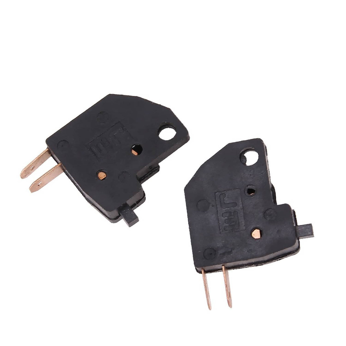 Brake light stop switch with black housing and two spade terminals, metal contacts visible