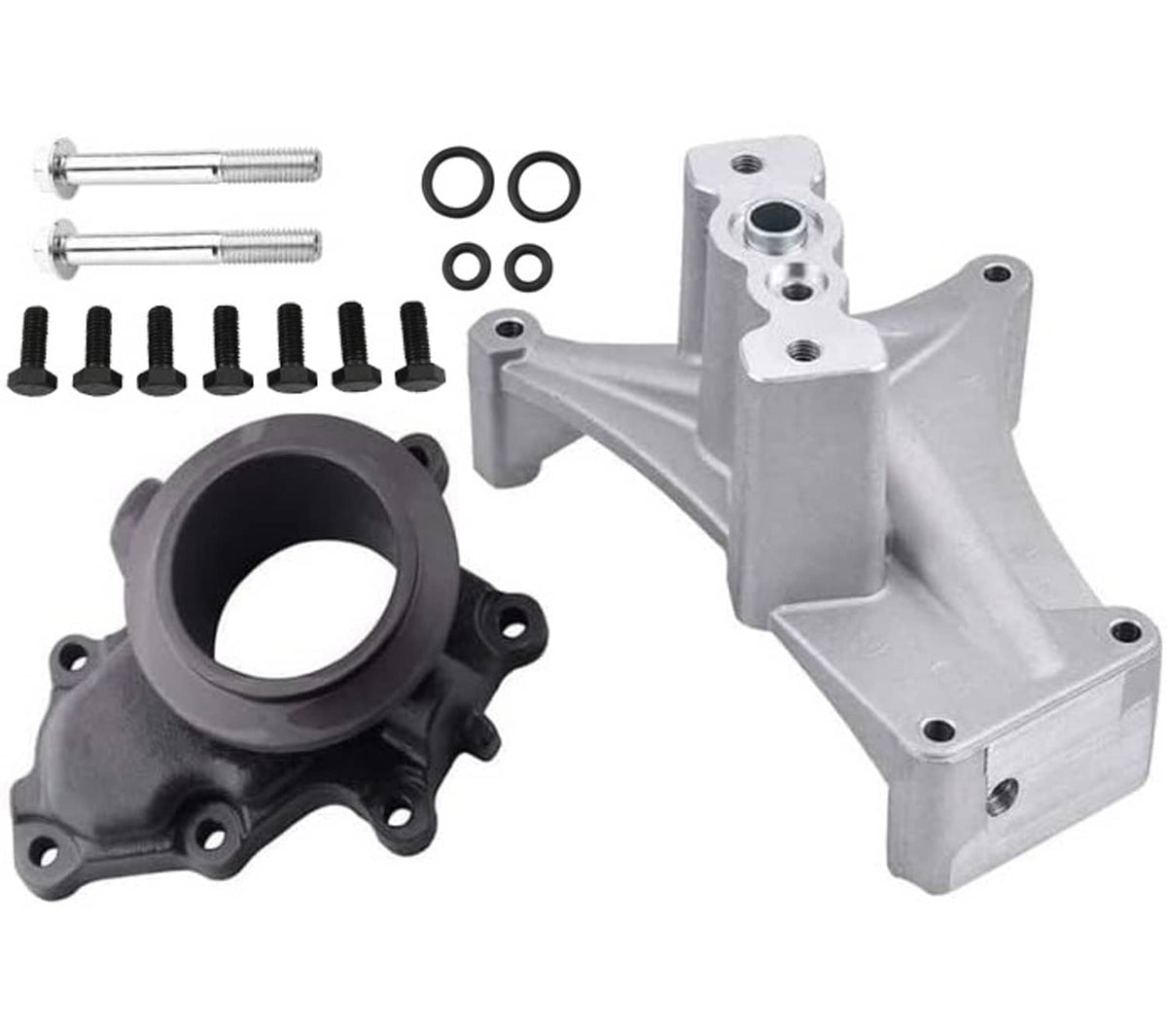 Exploded turbo pedestal exhaust housing kit with outlet flange, O-rings, and bolts