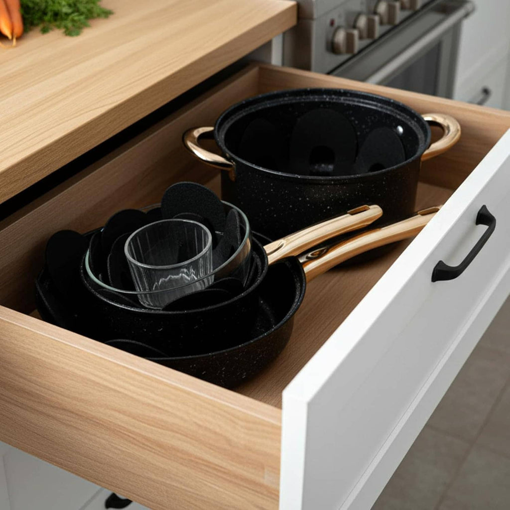 Black felt pan liners with flower design stacked in a kitchen drawer