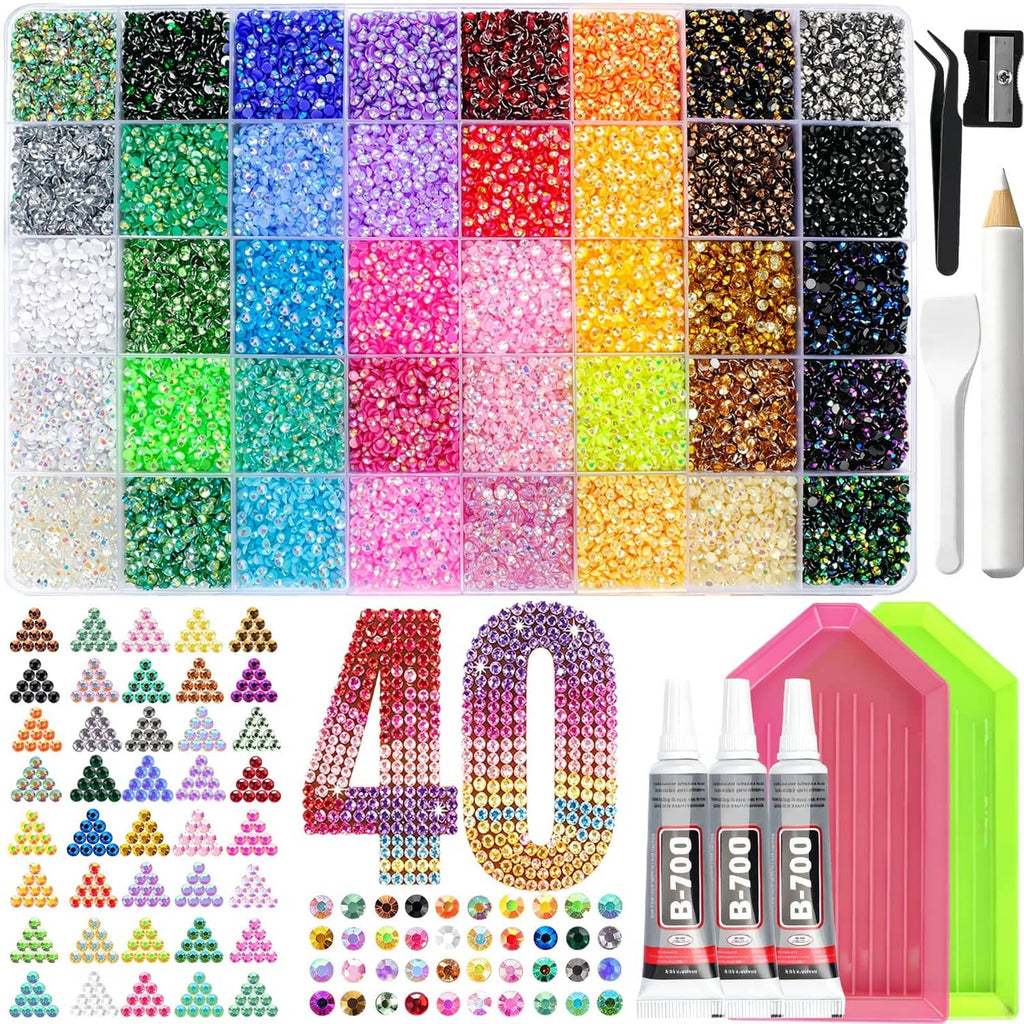 Assorted 3mm resin jelly rhinestones, sorted by color in large display grid