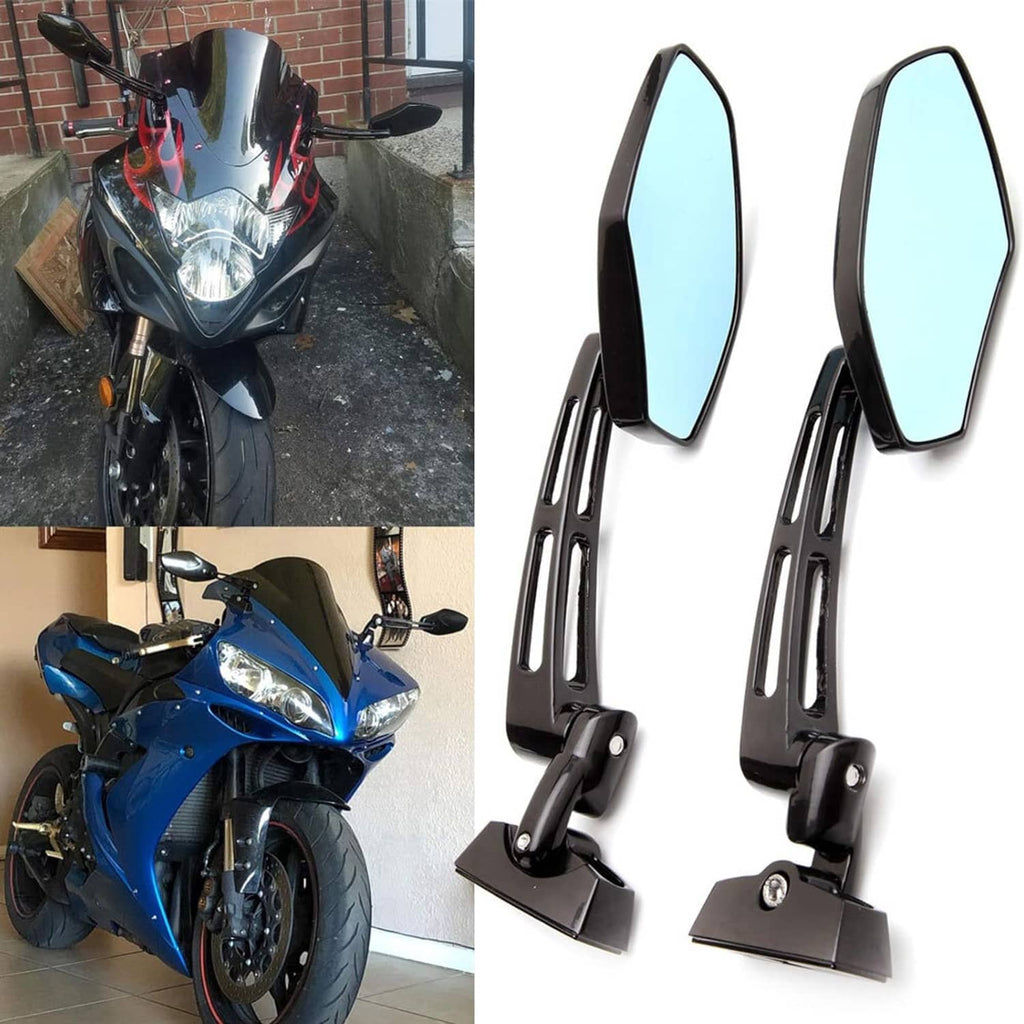 Black sport motorcycle rearview mirrors with blue-tinted glass, mounted on left and right arms