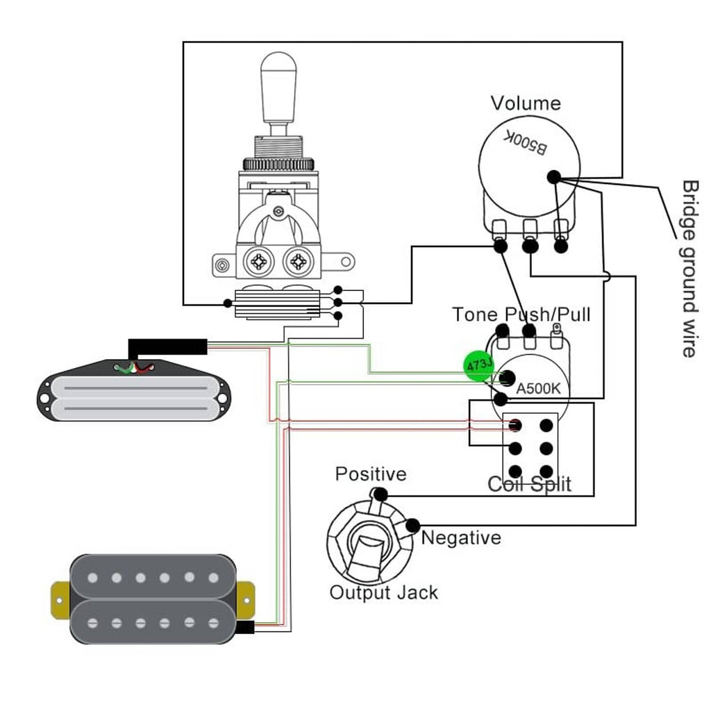 Wiring diagram for guitar harness showing volume, tone push/pull, and output jack