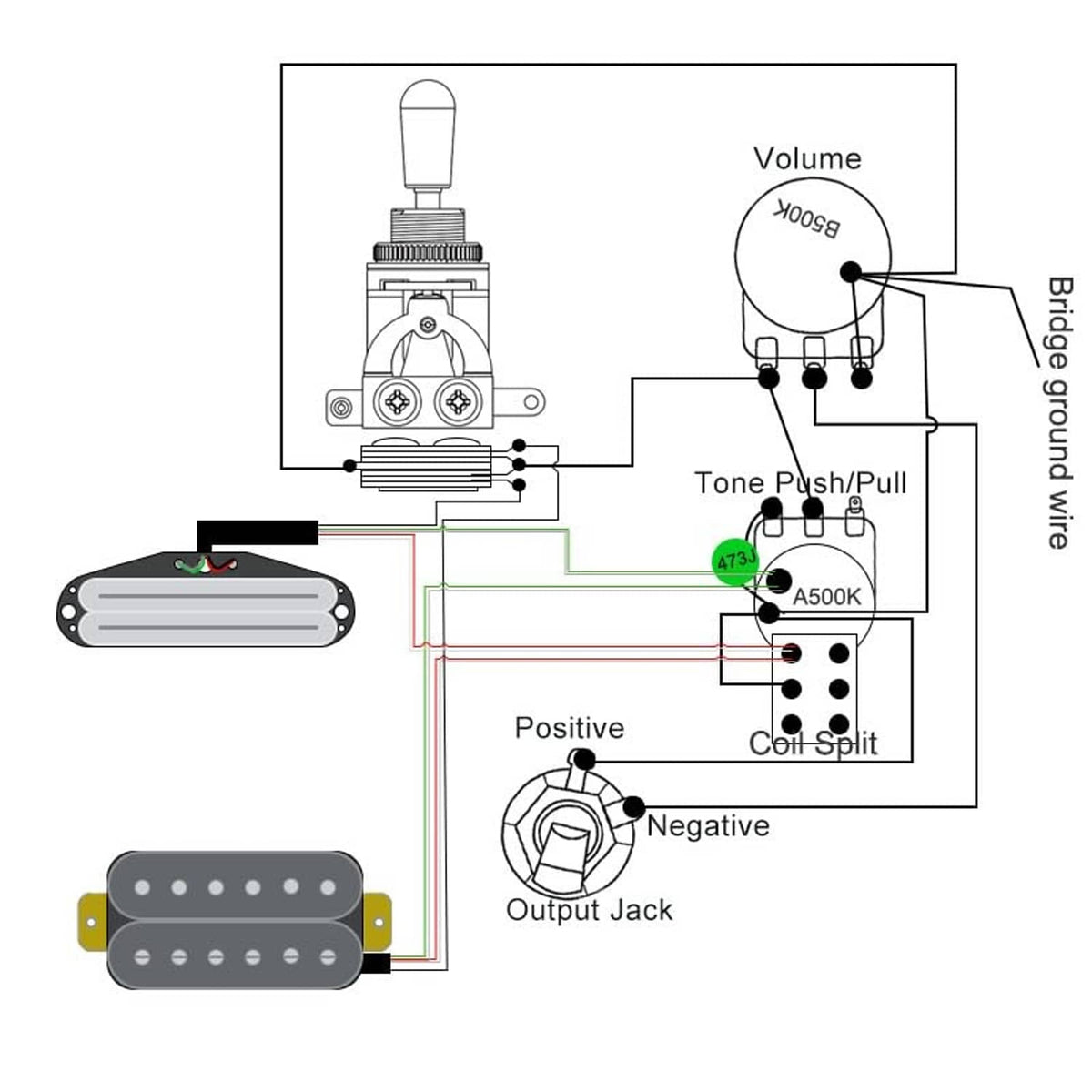 Wiring diagram for guitar harness showing volume, tone push/pull, and output jack