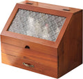 Brown wooden tabletop organizer with etched floral glass top and drawer