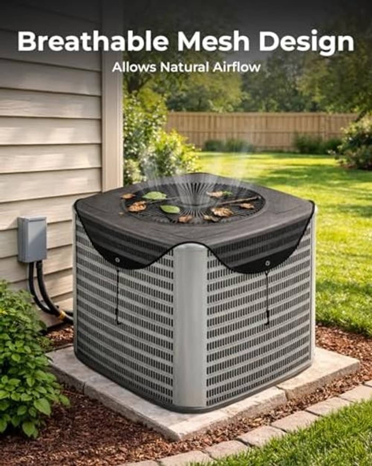 Black mesh AC unit cover on outdoor condenser with breathable top and elastic fit