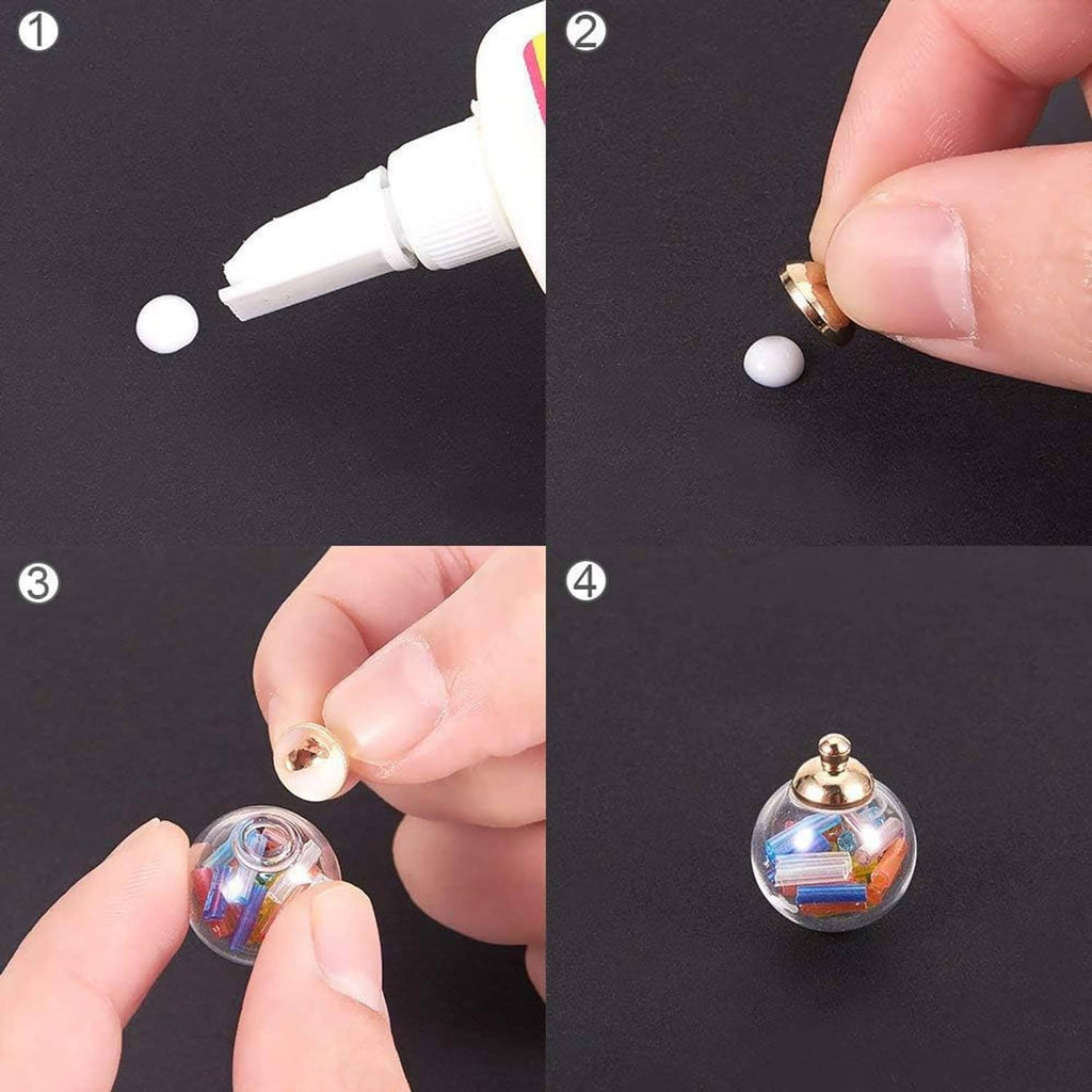 Mini clear glass globe bottle with metal cap and opening, step-by-step filling shown