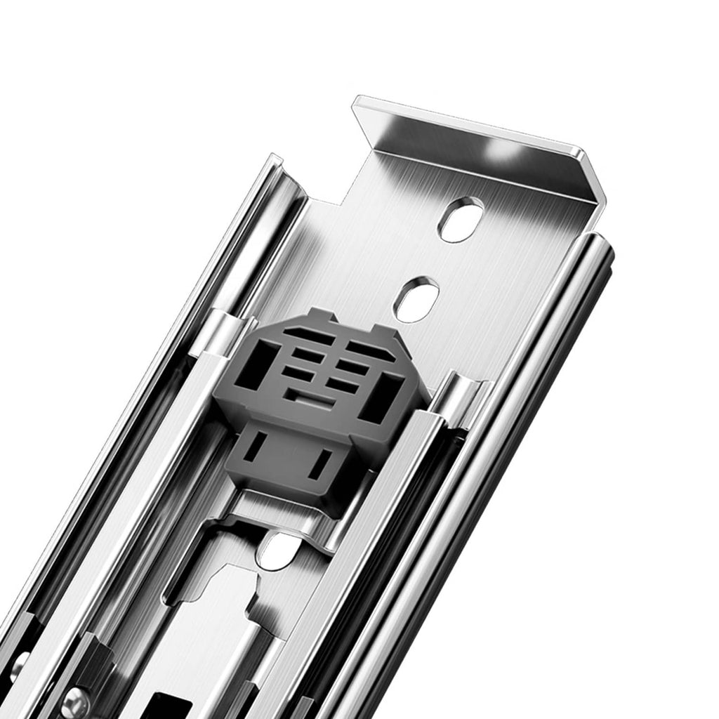 Ball-bearing drawer slide soft-close mounting bracket with roller channel detail