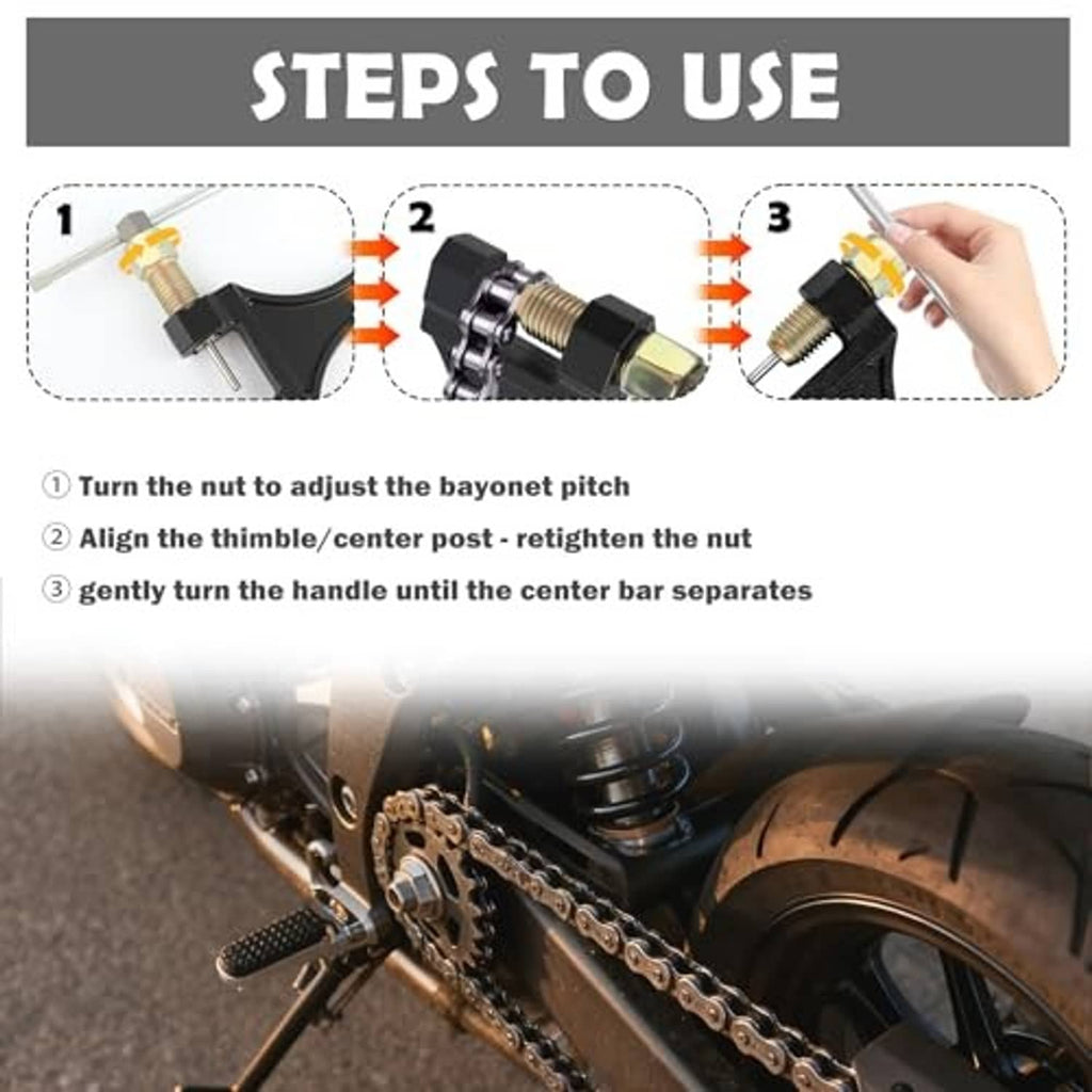 Motorcycle chain breaker tool in use position, black frame with brass threaded screw