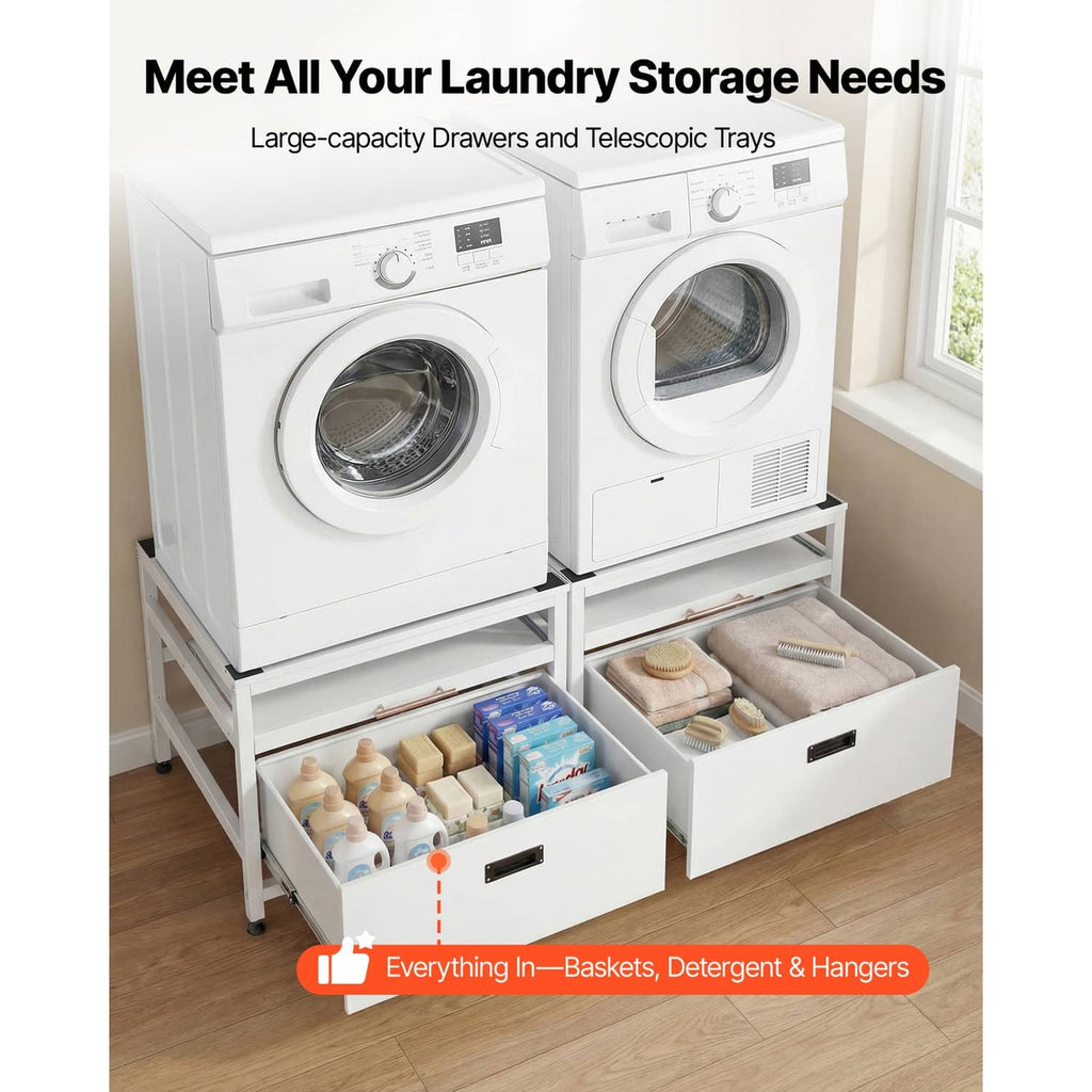 White laundry pedestal with two drawer units and open shelf for detergent storage