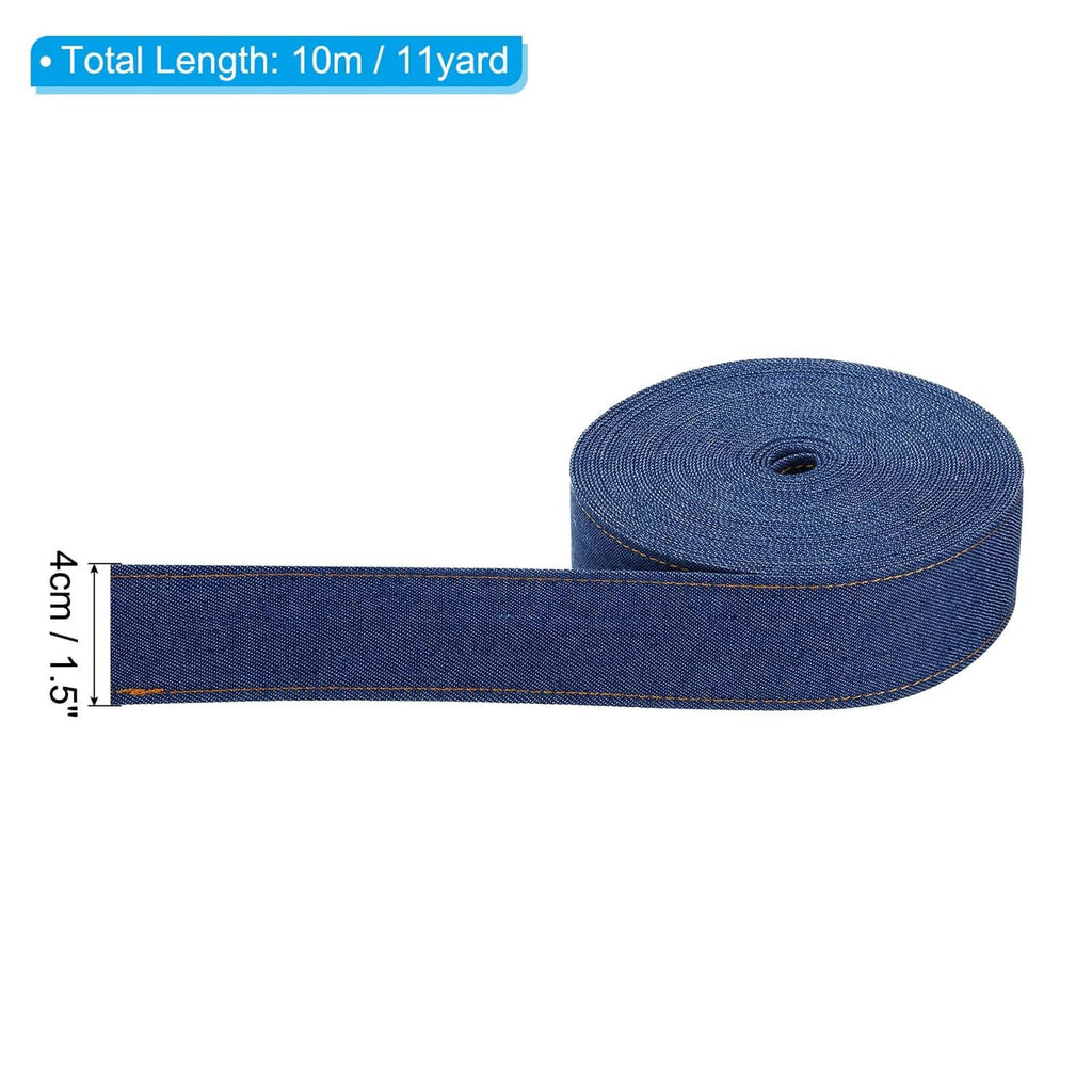 Dark blue denim ribbon roll with stitched edge and side width measurement