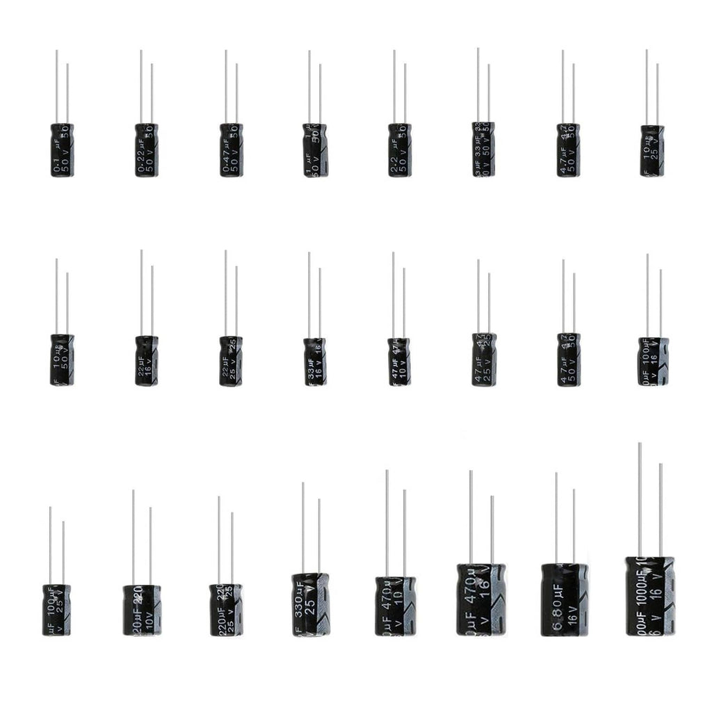 Electrolytic capacitors assortment with multiple black cylindrical capacitors and lead wires