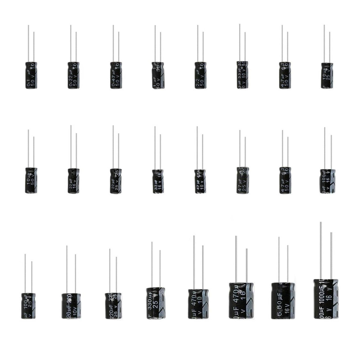 Electrolytic capacitors assortment with multiple black cylindrical capacitors and lead wires
