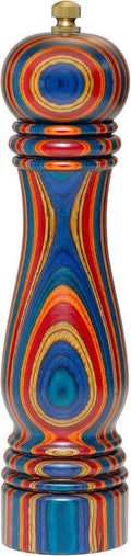 Colorful wooden pepper grinder with brass top and stacked spiral pattern