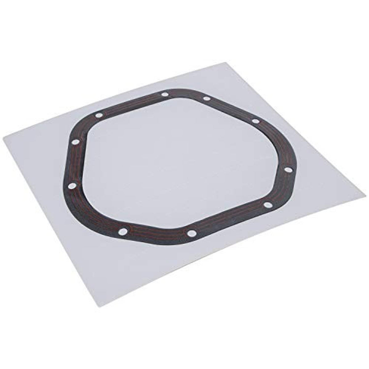 Dana 44 differential cover gasket on gray backing, dark outer ring with red stripes
