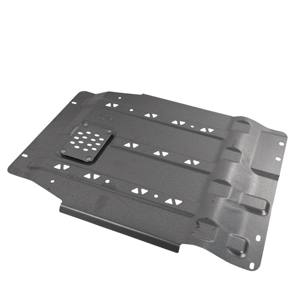 Black transmission splash shield with perforated access panel and drainage cutouts