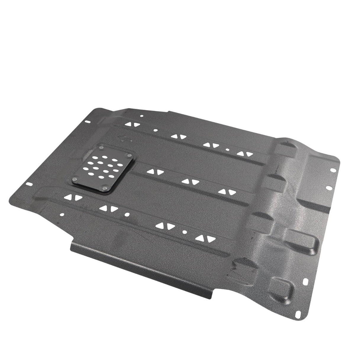 Black transmission splash shield with perforated access panel and drainage cutouts