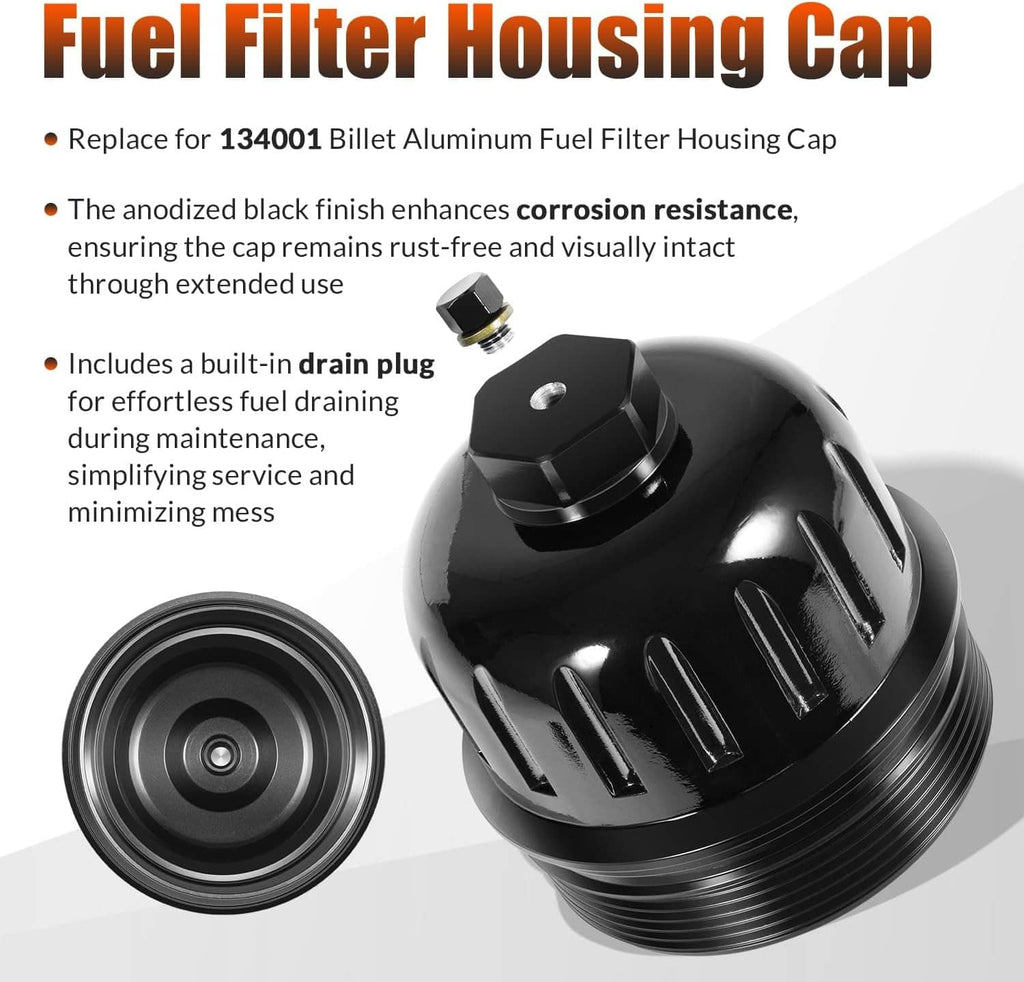 Black fuel filter housing cap with bolt top and threaded exterior, shown at angle