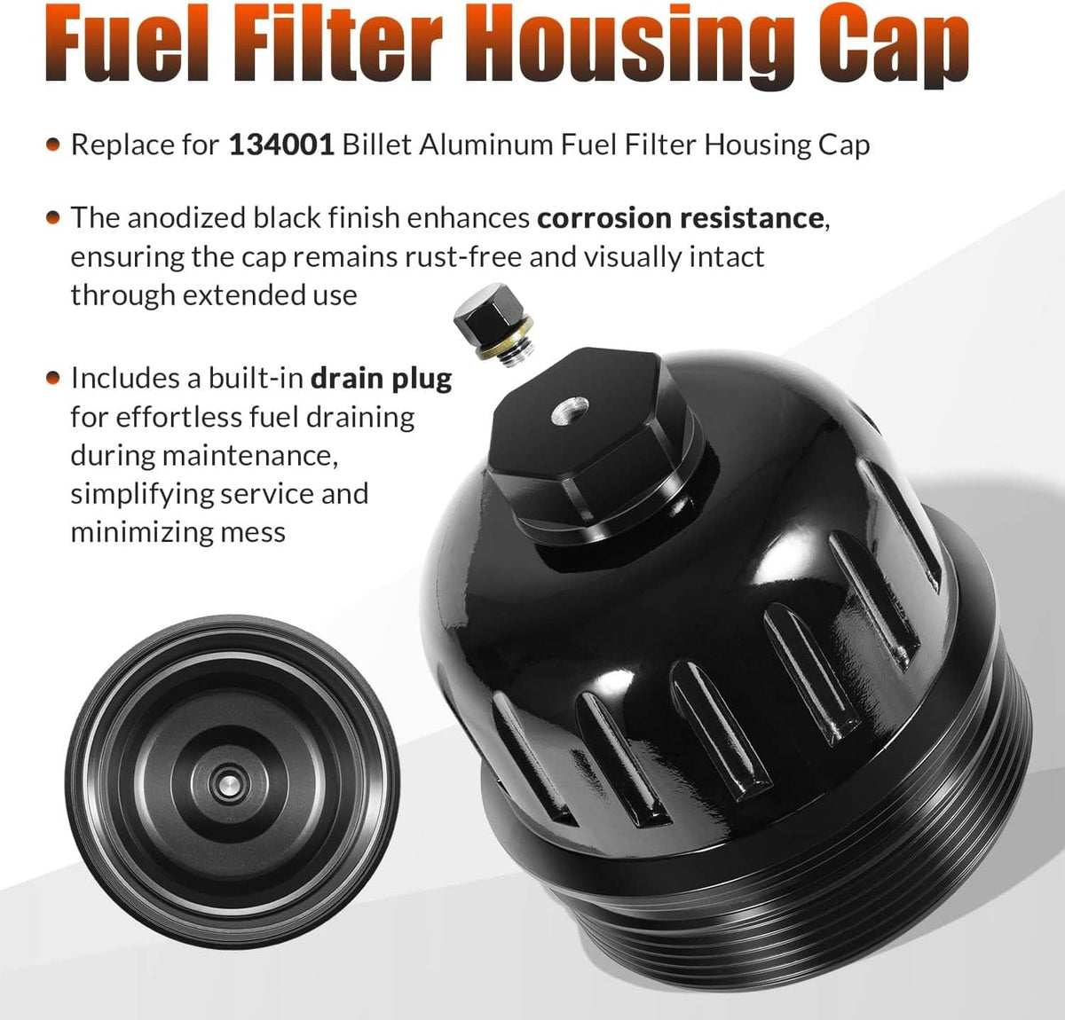 Black fuel filter housing cap with bolt top and threaded exterior, shown at angle