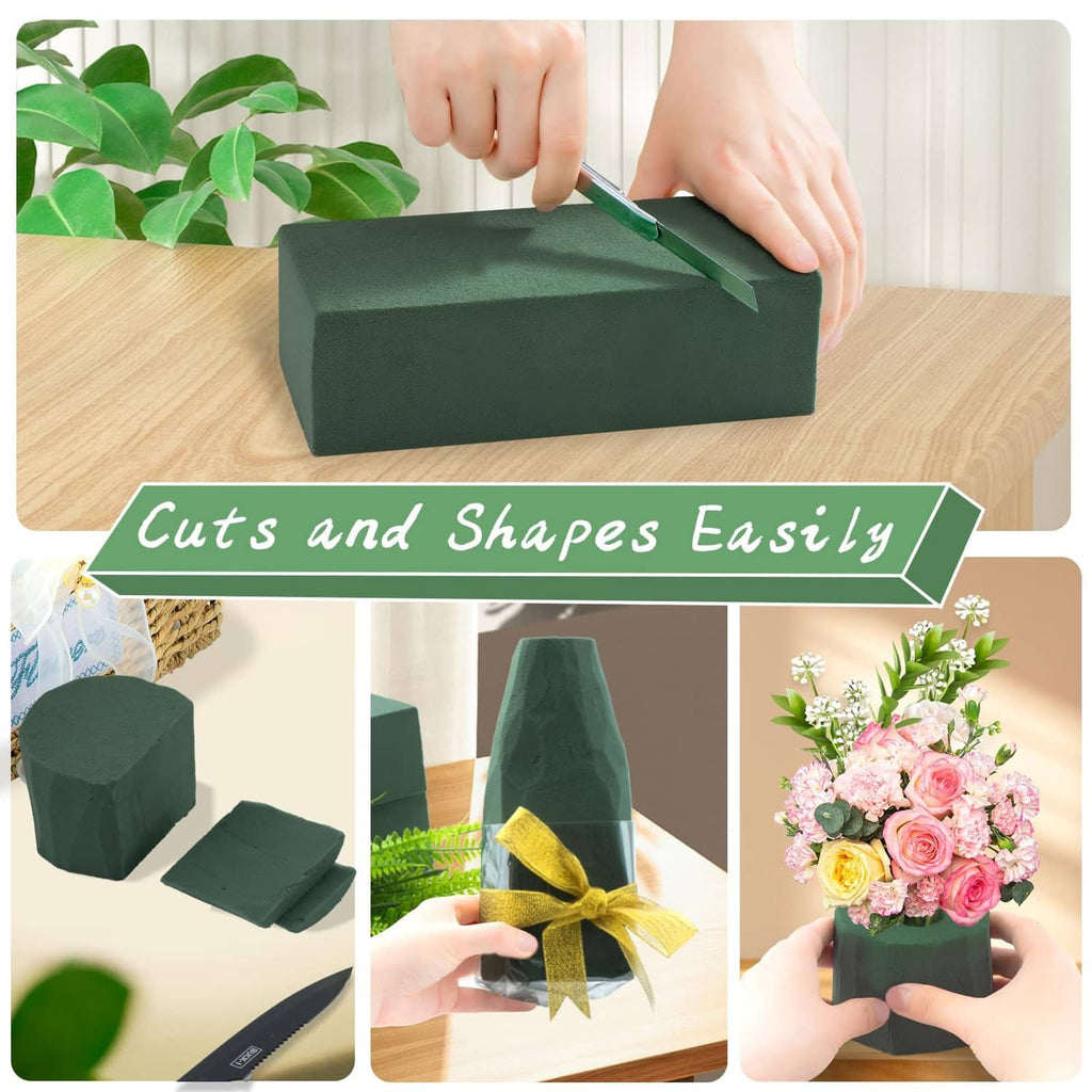 Dark green floral foam block being cut and shaped with hands and tool