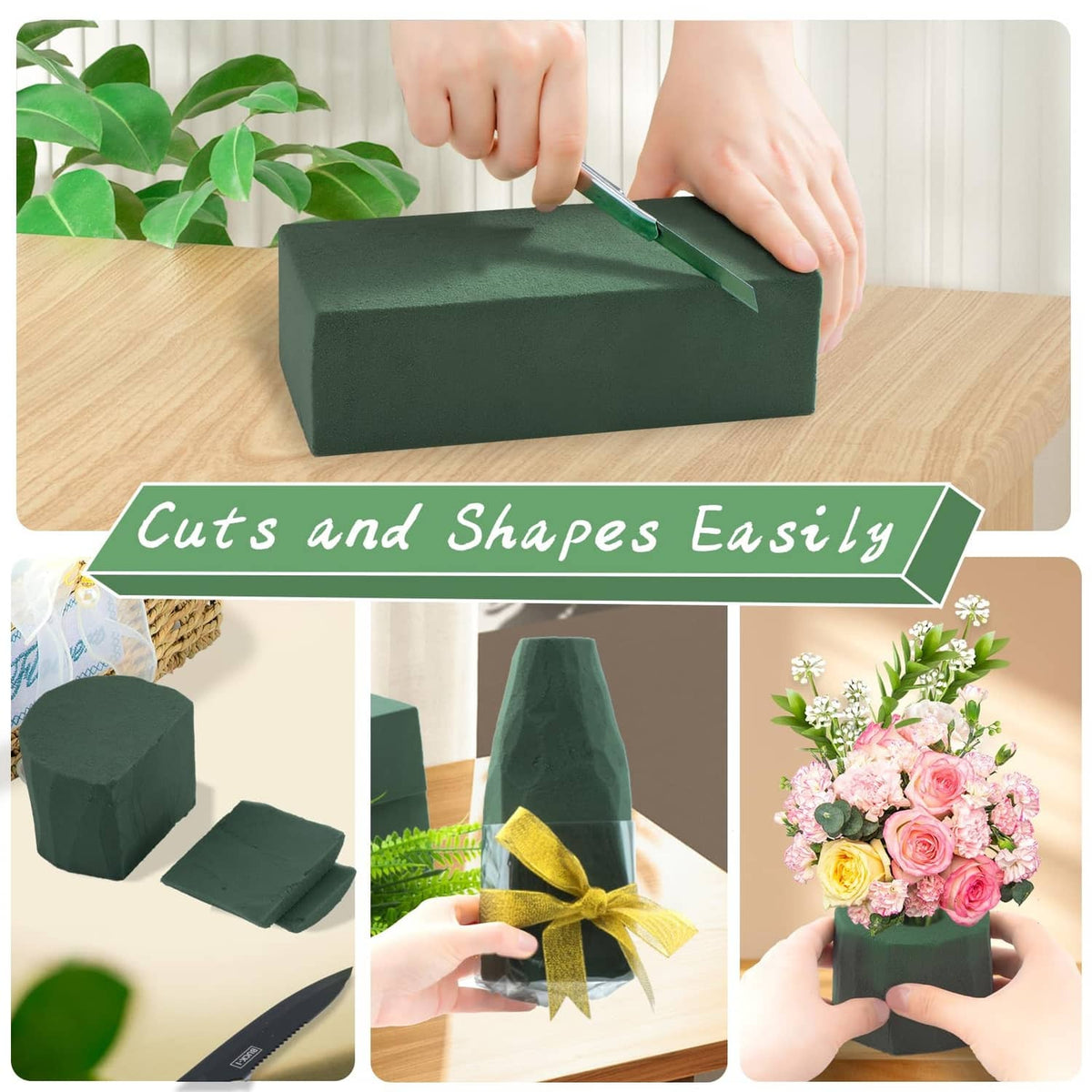Dark green floral foam block being cut and shaped with hands and tool